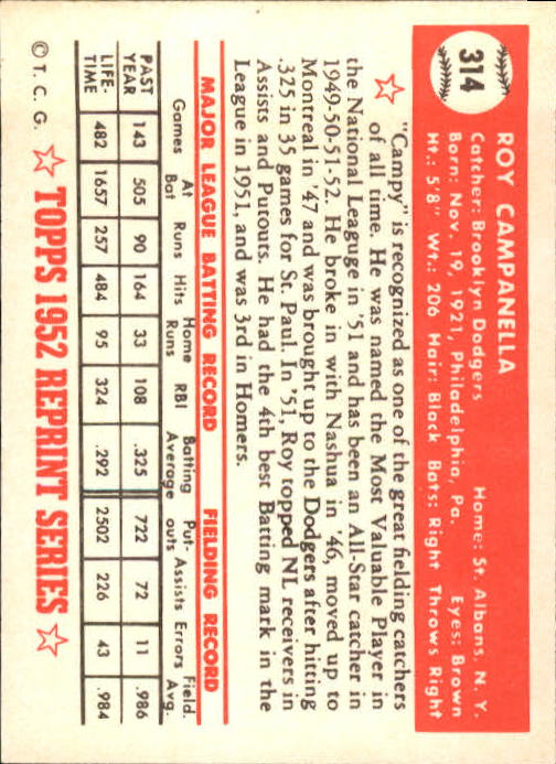 1983 Topps 1952 Reprint #314 Roy Campanella back image