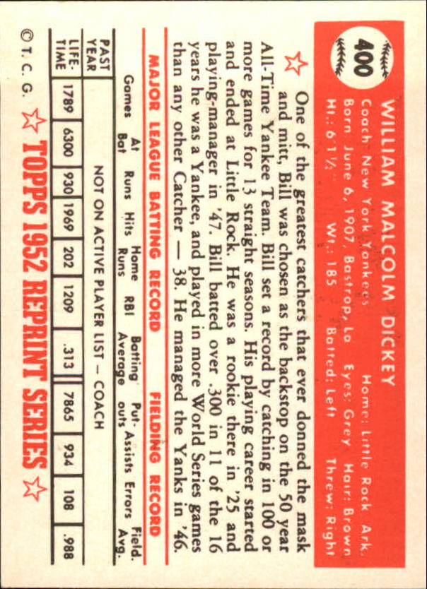 1983 Topps 1952 Reprint #400 Bill Dickey CO back image