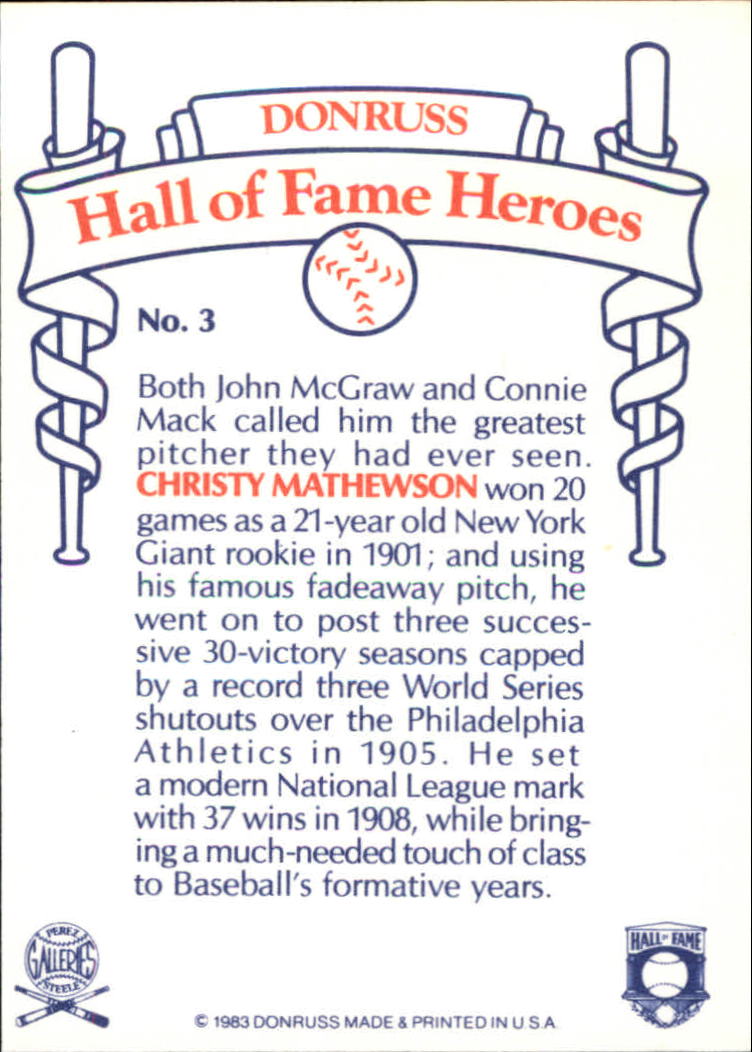 1983 Donruss HOF Heroes #3 Christy Mathewson back image