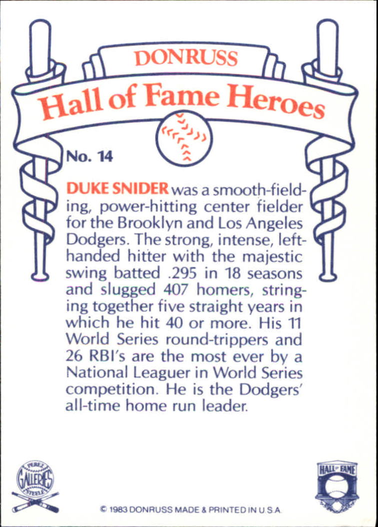 1983 Donruss HOF Heroes #14 Duke Snider back image