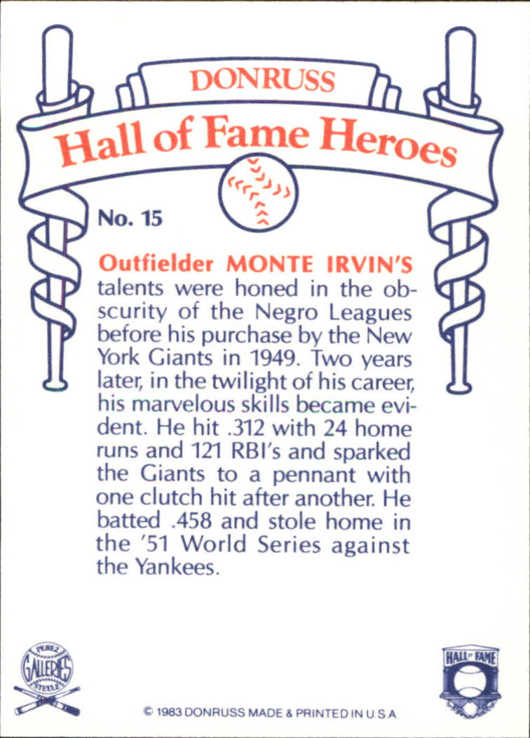 1983 Donruss HOF Heroes #15 Monte Irvin back image