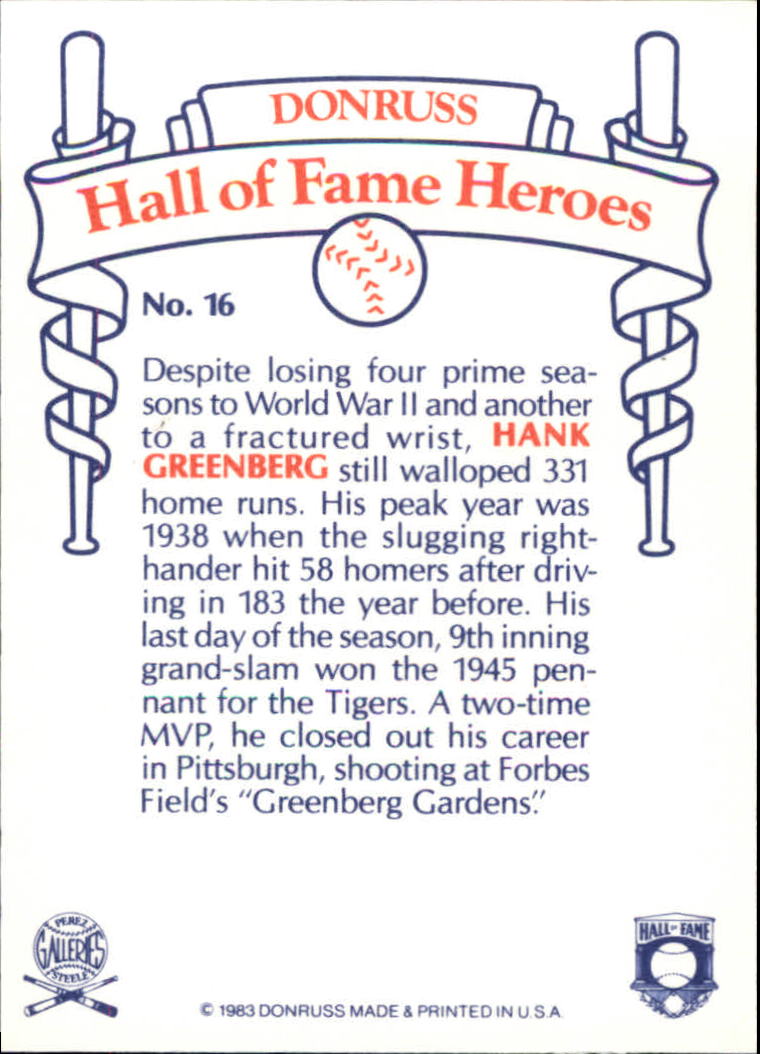 1983 Donruss HOF Heroes #16 Hank Greenberg back image