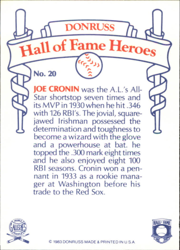 1983 Donruss HOF Heroes #20 Joe Cronin back image