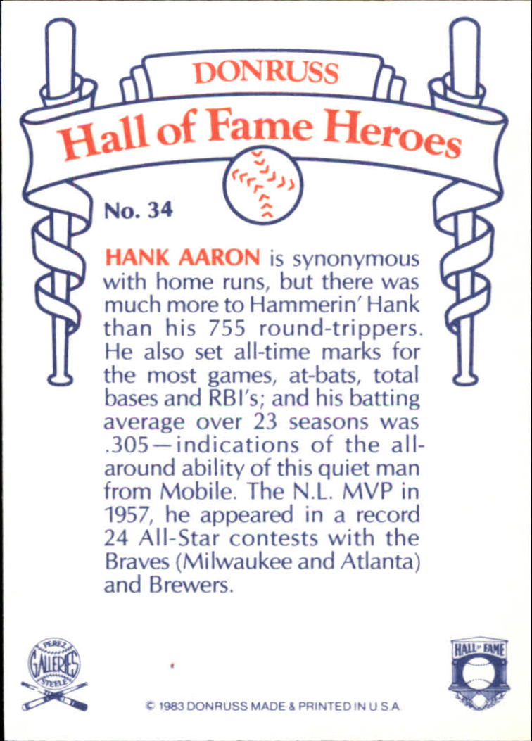 1983 Donruss HOF Heroes #34 Hank Aaron back image