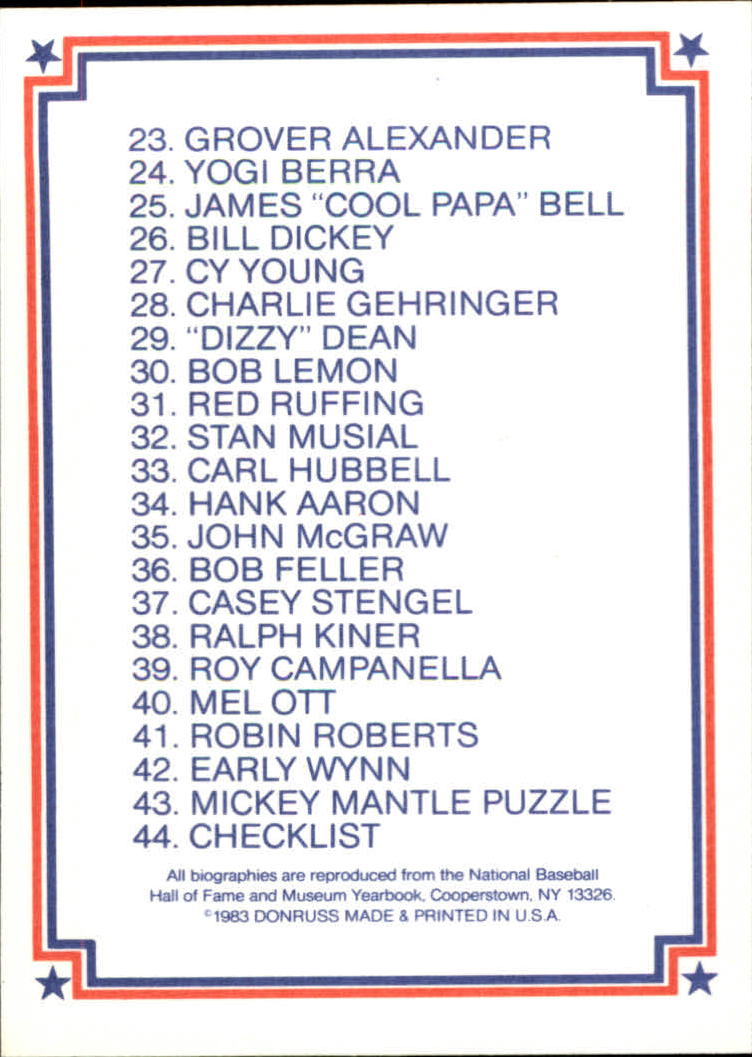 1983 Donruss HOF Heroes #44 Checklist Card back image