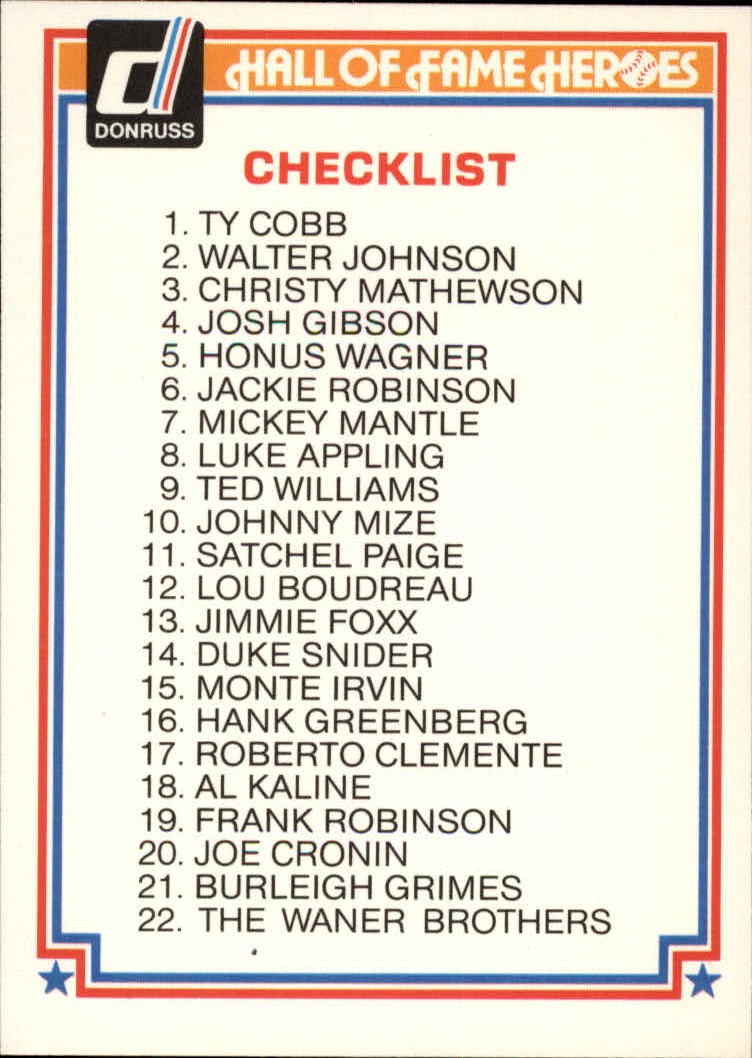 1983 Donruss HOF Heroes #44 Checklist Card
