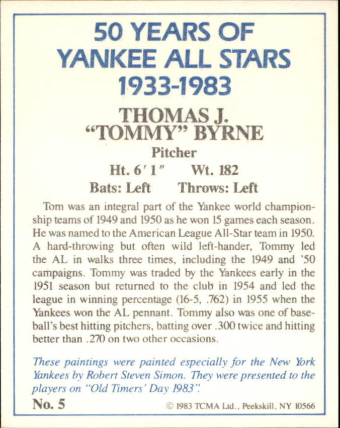 1983 Yankees A-S Fifty Years #5 Tommy Byrne back image