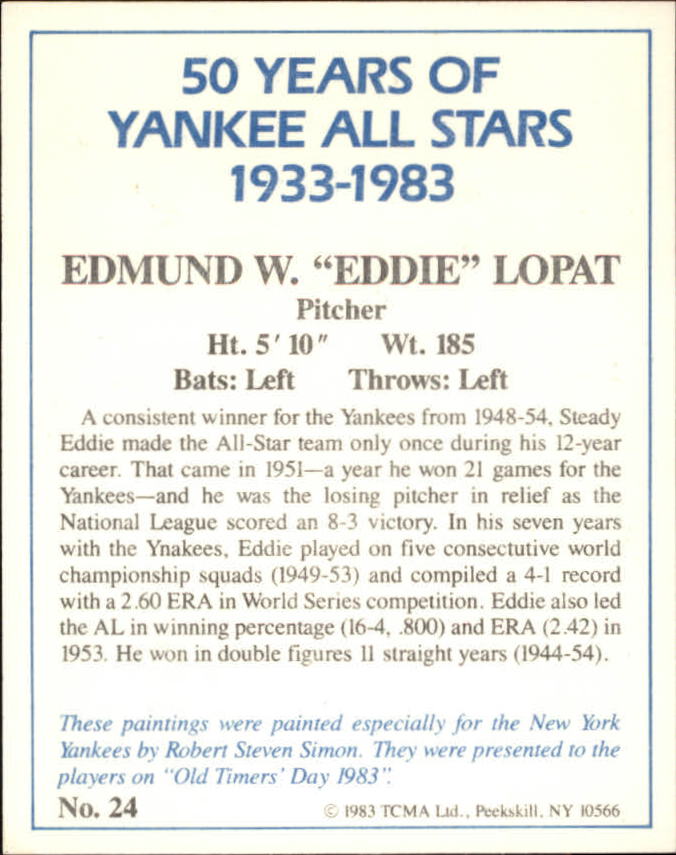 1983 Yankees A-S Fifty Years #24 Eddie Lopat back image