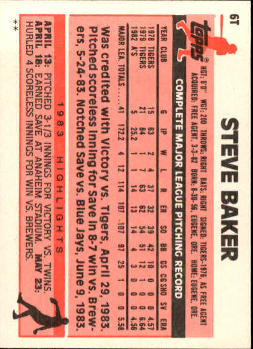 1983 Topps Traded #6T Steve Baker back image