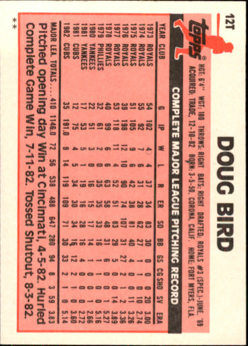1983 Topps Traded #12T Doug Bird back image