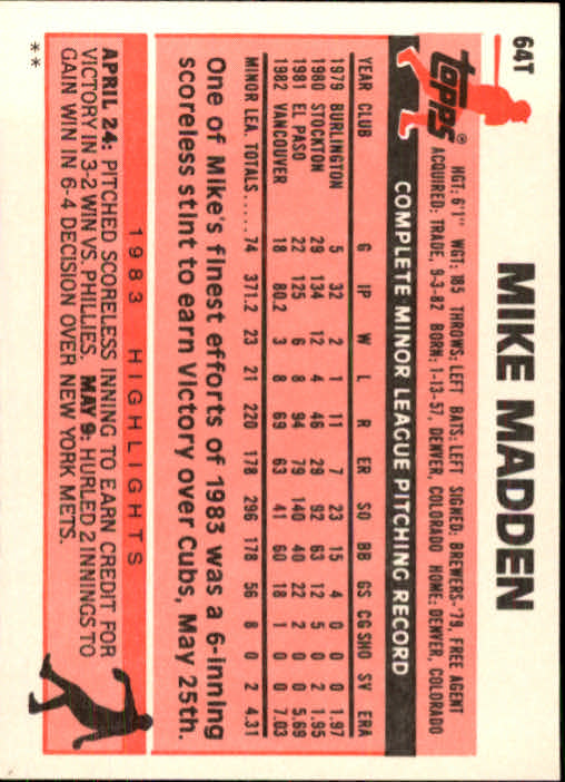 1983 Topps Traded #64T Mike Madden back image
