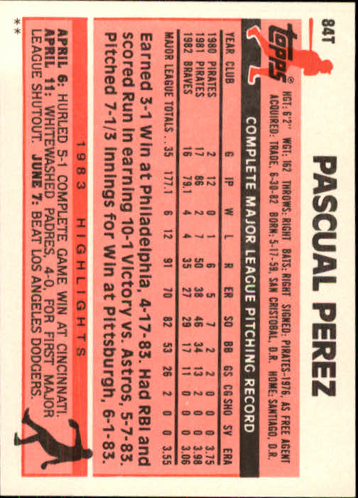 1983 Topps Traded #84T Pascual Perez back image