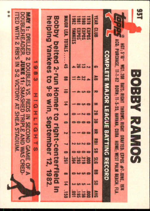 1983 Topps Traded #93T Bobby Ramos back image