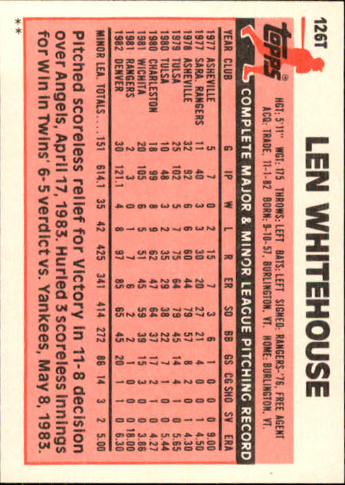 1983 Topps Traded #126T Len Whitehouse back image