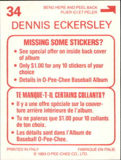 1983 O-Pee-Chee Stickers #34 Dennis Eckersley back image