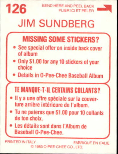 1983 O-Pee-Chee Stickers #126 Jim Sundberg back image