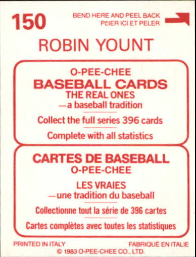 1983 O-Pee-Chee Stickers #150 Robin Yount LCS back image