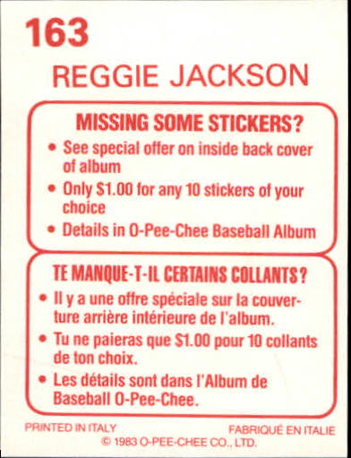 1983 O-Pee-Chee Stickers #163 Reggie Jackson back image