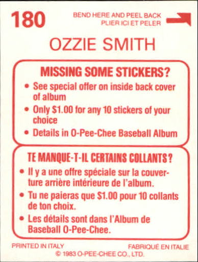 1983 O-Pee-Chee Stickers #180 Ozzie Smith WS back image