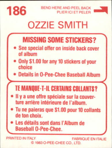 1983 O-Pee-Chee Stickers #186 Ozzie Smith WS back image