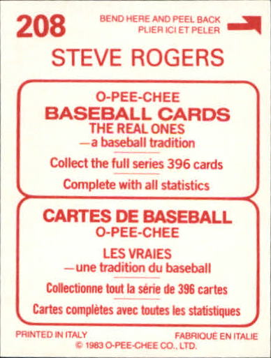 1983 O-Pee-Chee Stickers #208 Steve Rogers back image