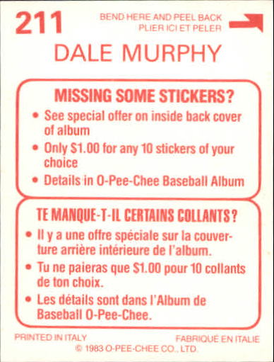 1983 O-Pee-Chee Stickers #211 Dale Murphy FOIL back image