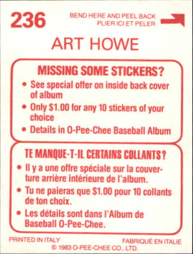 1983 O-Pee-Chee Stickers #236 Art Howe back image