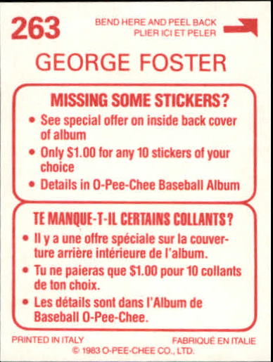 1983 O-Pee-Chee Stickers #263 George Foster back image