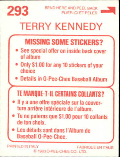 1983 O-Pee-Chee Stickers #293 Terry Kennedy FOIL back image