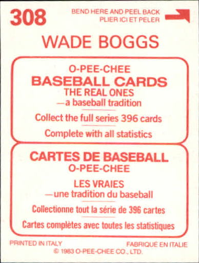 1983 O-Pee-Chee Stickers #308 Wade Boggs back image