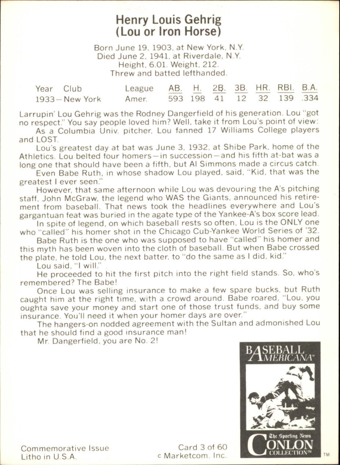 1983 Conlon Marketcom #3 Lou Gehrig back image