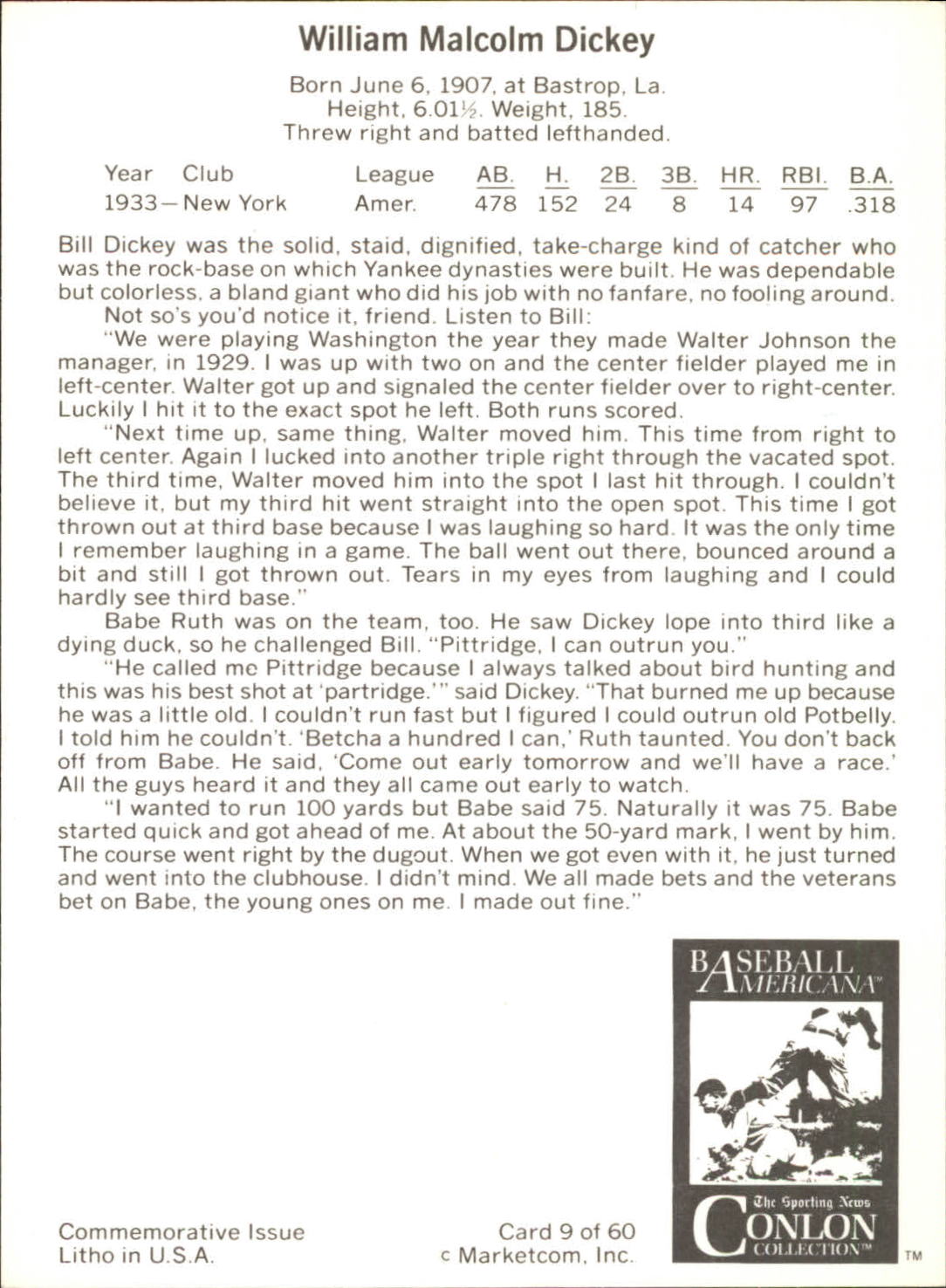 1983 Conlon Marketcom #9 Bill Dickey back image