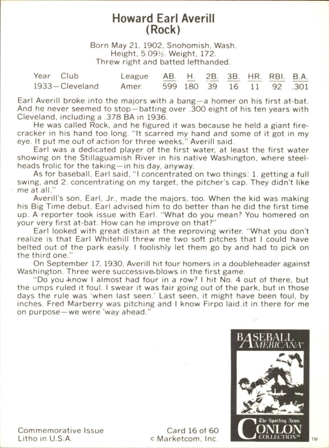 1983 Conlon Marketcom #16 Earl Averill back image