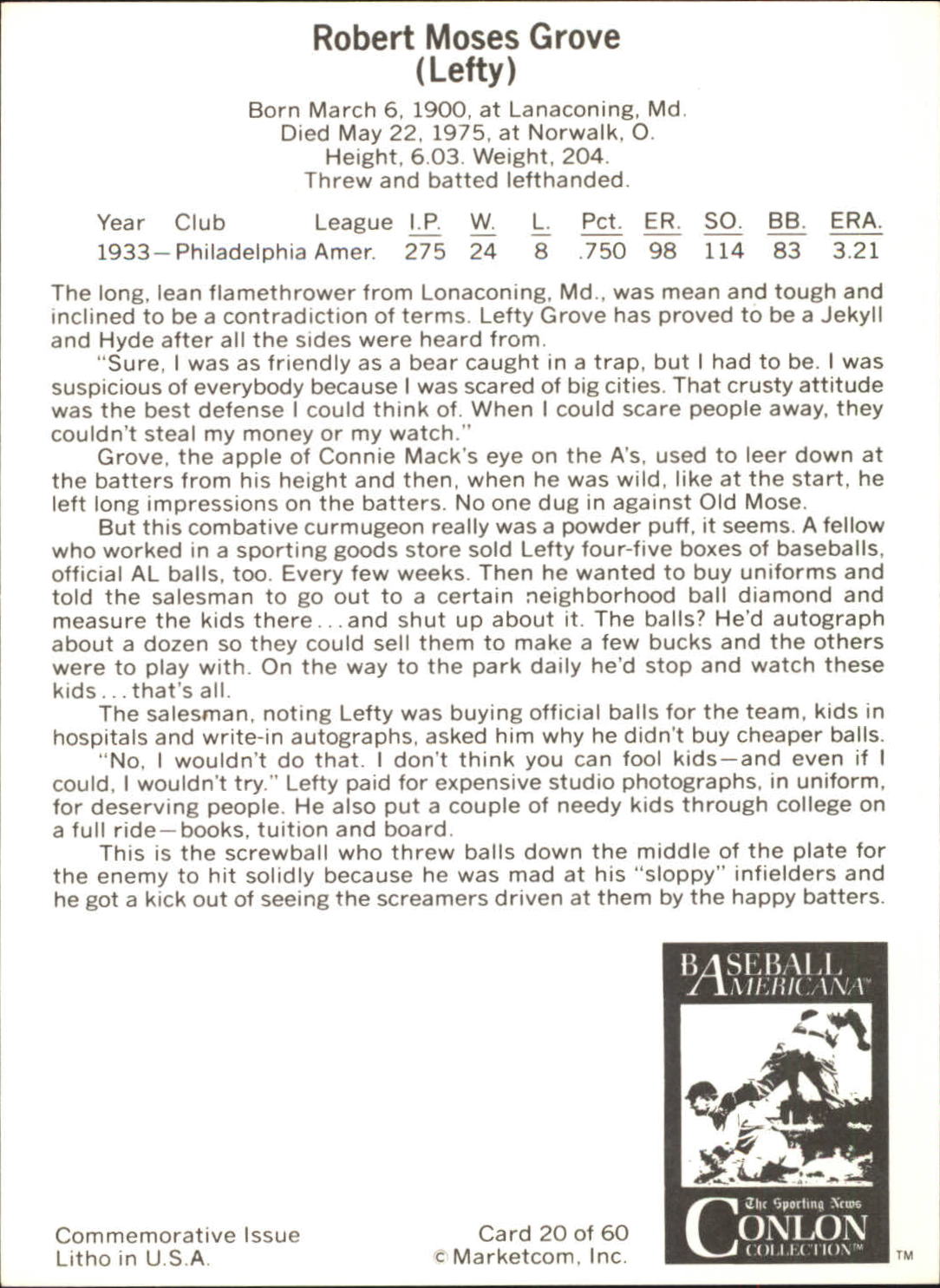 1983 Conlon Marketcom #20 Lefty Grove back image