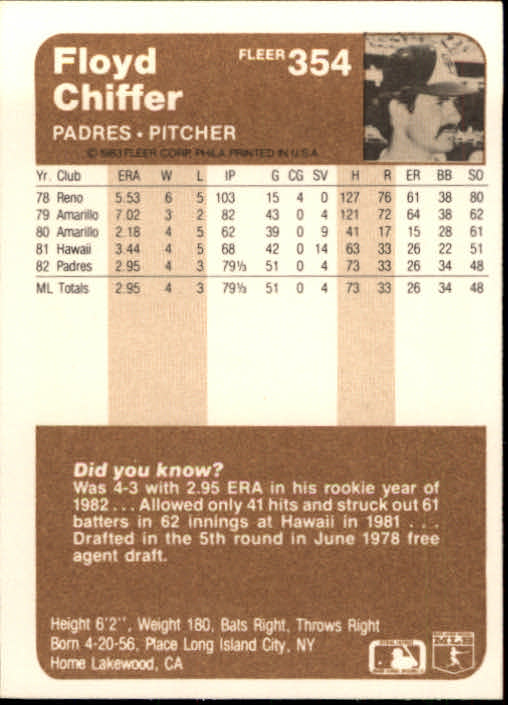 1983 Fleer #354 Floyd Chiffer back image