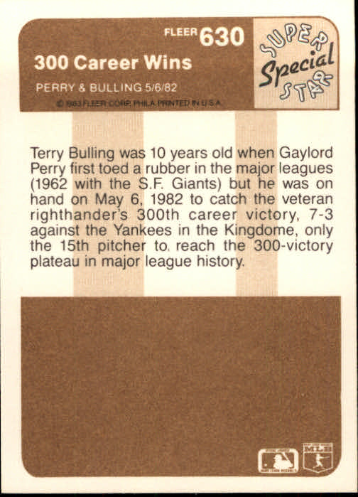 1983 Fleer #630 Gaylord Perry/Terry Bulling back image
