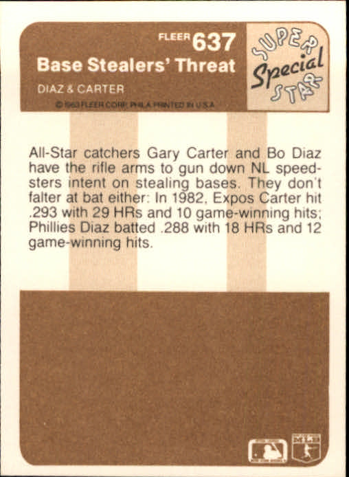 1983 Fleer #637 Bo Diaz/Gary Carter back image