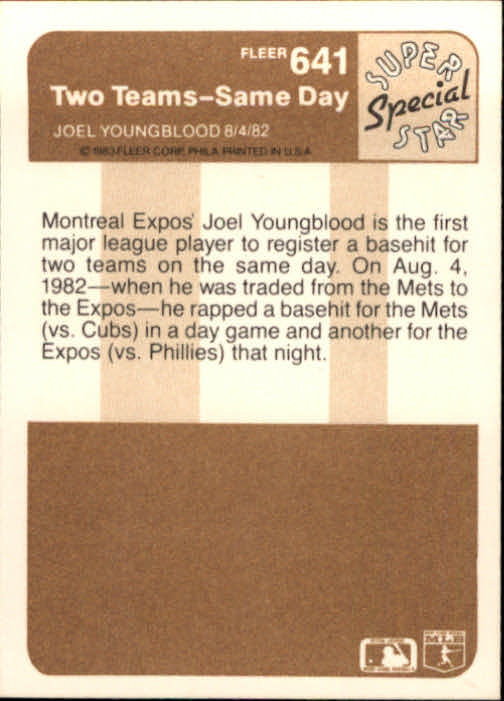 1983 Fleer #641 Joel Youngblood/August 4, 1982 back image