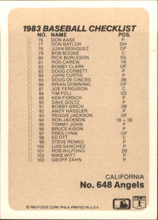1983 Fleer #648 CL: Orioles/Angels back image