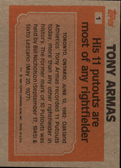 1983 Topps #1 Tony Armas RB back image