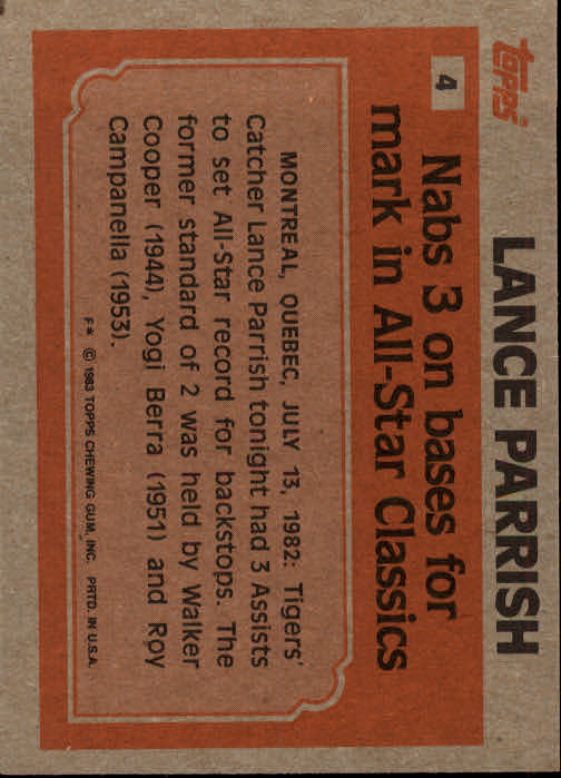 1983 Topps #4 Lance Parrish RB back image