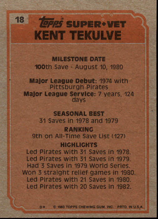 1983 Topps #18 Kent Tekulve SV back image