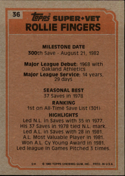 1983 Topps #36 Rollie Fingers SV back image
