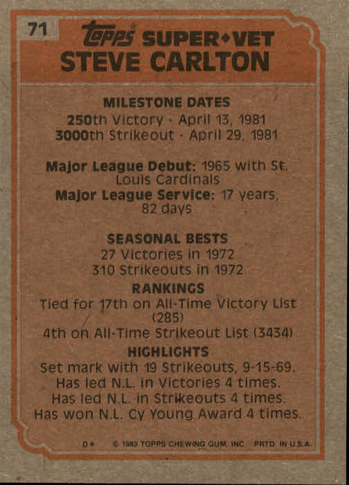 1983 Topps #71 Steve Carlton SV back image