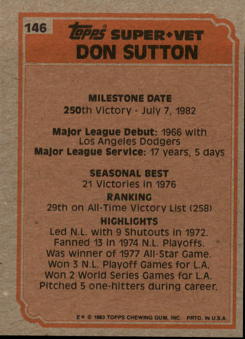 1983 Topps #146 Don Sutton SV back image