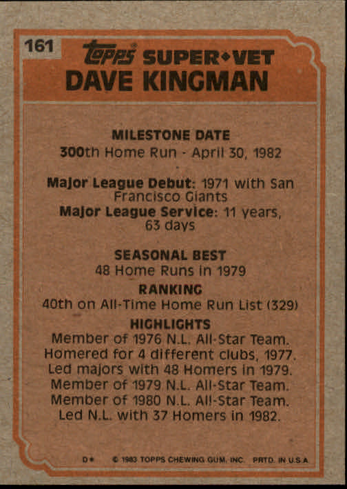 1983 Topps #161 Dave Kingman SV back image