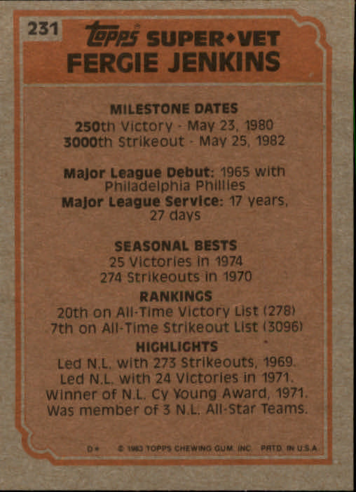 1983 Topps #231 Fergie Jenkins SV back image