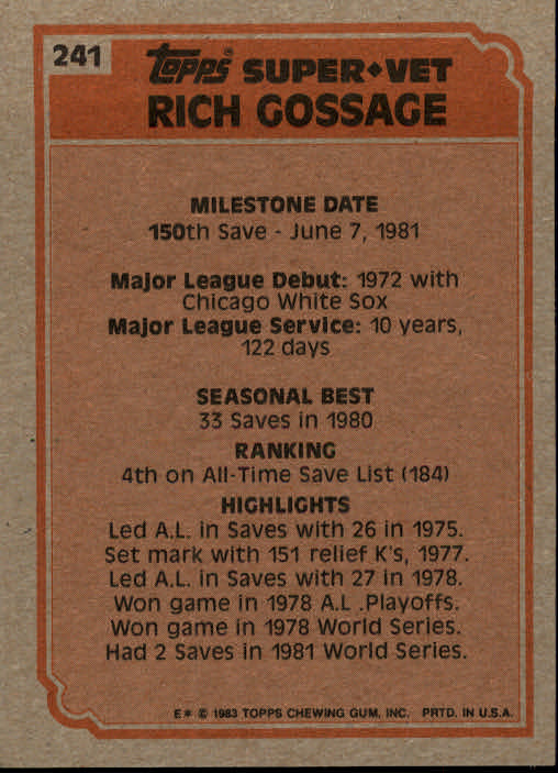 1983 Topps #241 Rich Gossage SV back image