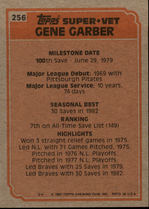 1983 Topps #256 Gene Garber SV back image