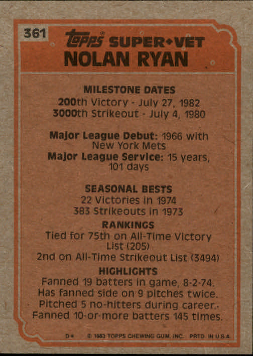 1983 Topps #361 Nolan Ryan SV back image